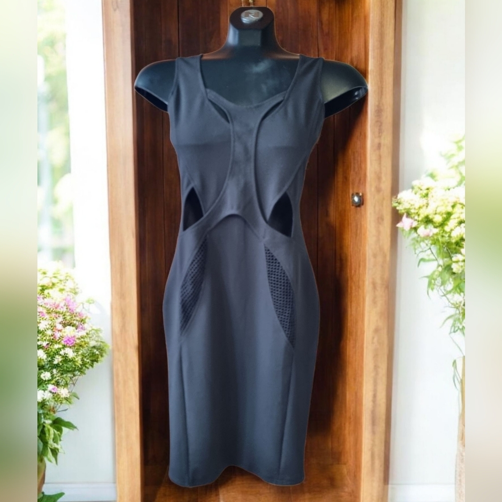 Rehab Sexy Black Bodycon Sleeveless Dress With Mesh And Cut Outs